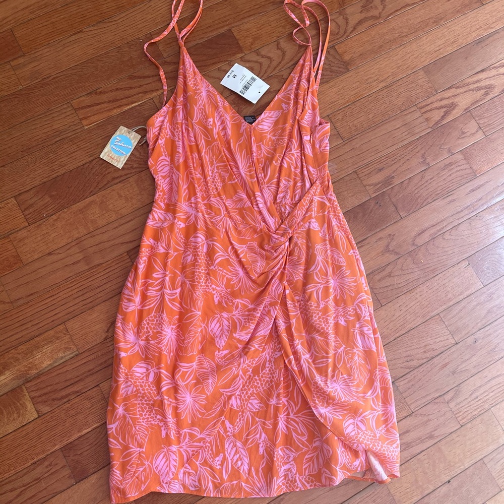 Pink and orange floral wrap dress